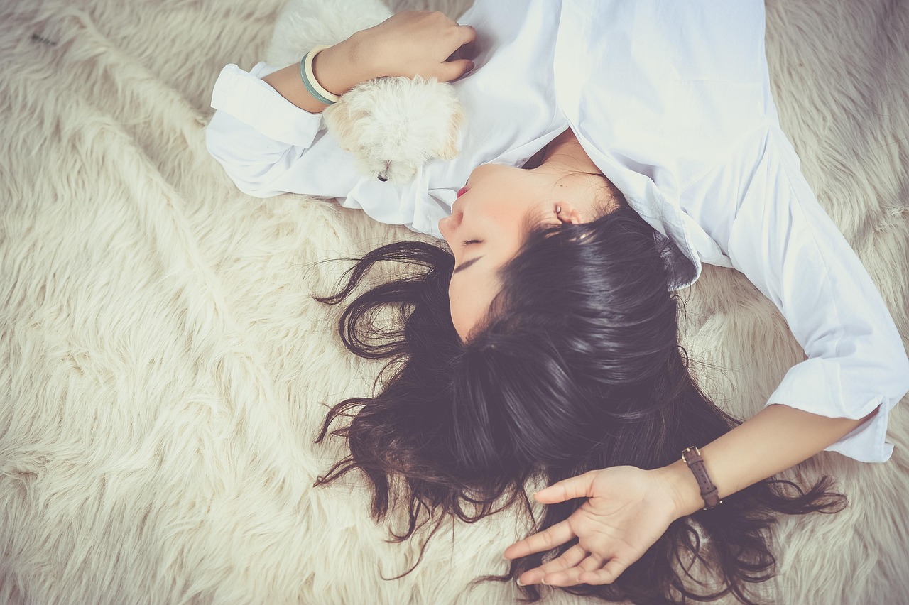 girl, sleep, lying down, dog, pet, owner, asian, asian woman, animal, young woman, upside down, asleep, sleeping, sleeping woman, female, woman, dreaming, portrait, resting, relax, dream