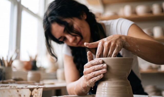 ceramics, pottery wheel, clay, woman, artist, artisan, handmade, studio, creativity, focus, hands, creating, shaping, wet, workshop, concentration, messy, skill, art