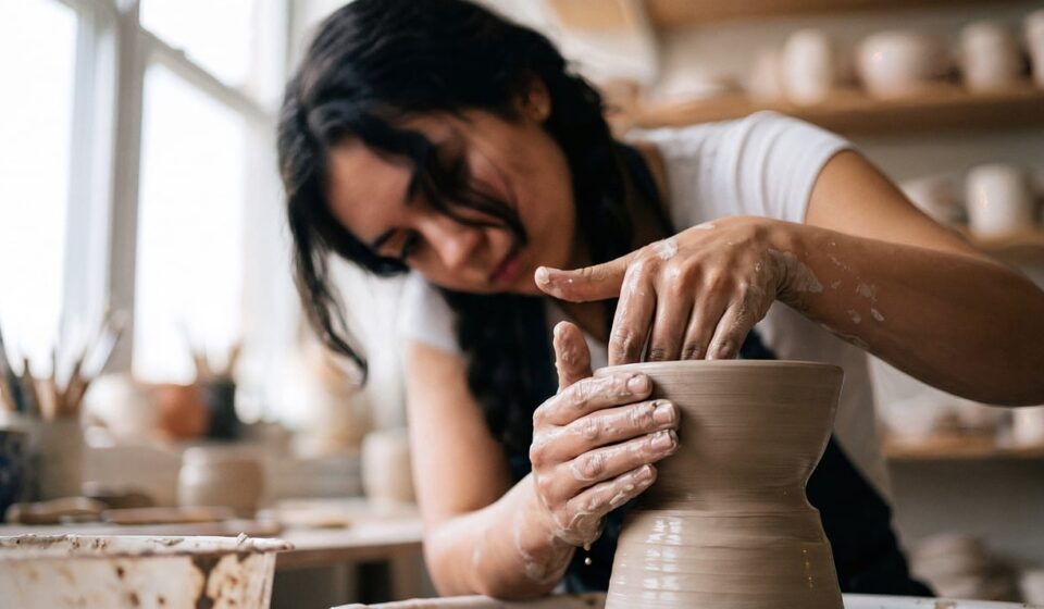 ceramics, pottery wheel, clay, woman, artist, artisan, handmade, studio, creativity, focus, hands, creating, shaping, wet, workshop, concentration, messy, skill, art