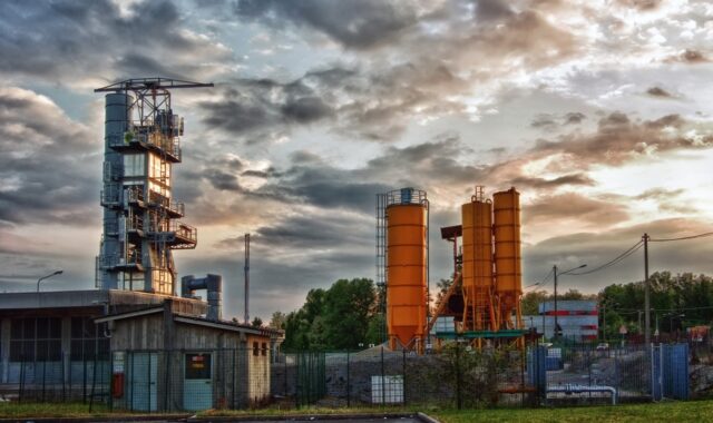 industrial plant, nature, factory, buildings, architecture, structures, infrastructure, factory buildings, production, cement, concrete, tanks, mixers, industrial area, sunset, cloudy sky