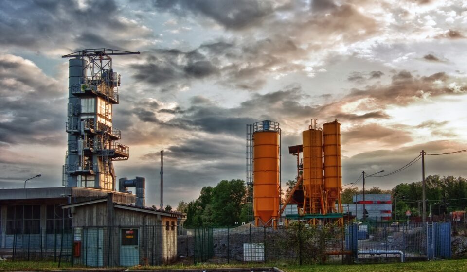 industrial plant, nature, factory, buildings, architecture, structures, infrastructure, factory buildings, production, cement, concrete, tanks, mixers, industrial area, sunset, cloudy sky