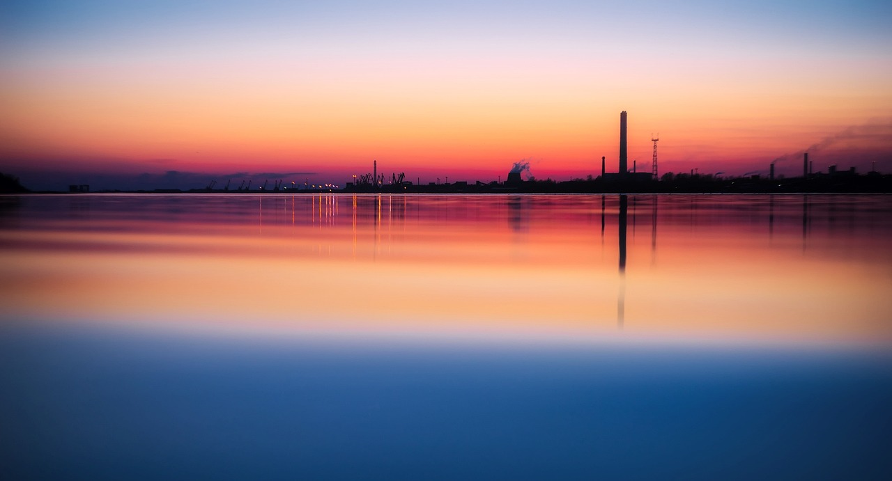 industry, industrial, factory, plant, manufacturing, nature, power, gas, pollution, sunset, dusk, lake, water, river, skyline, silhouettes, reflections, outdoors, colors, hdr, panorama, russia
