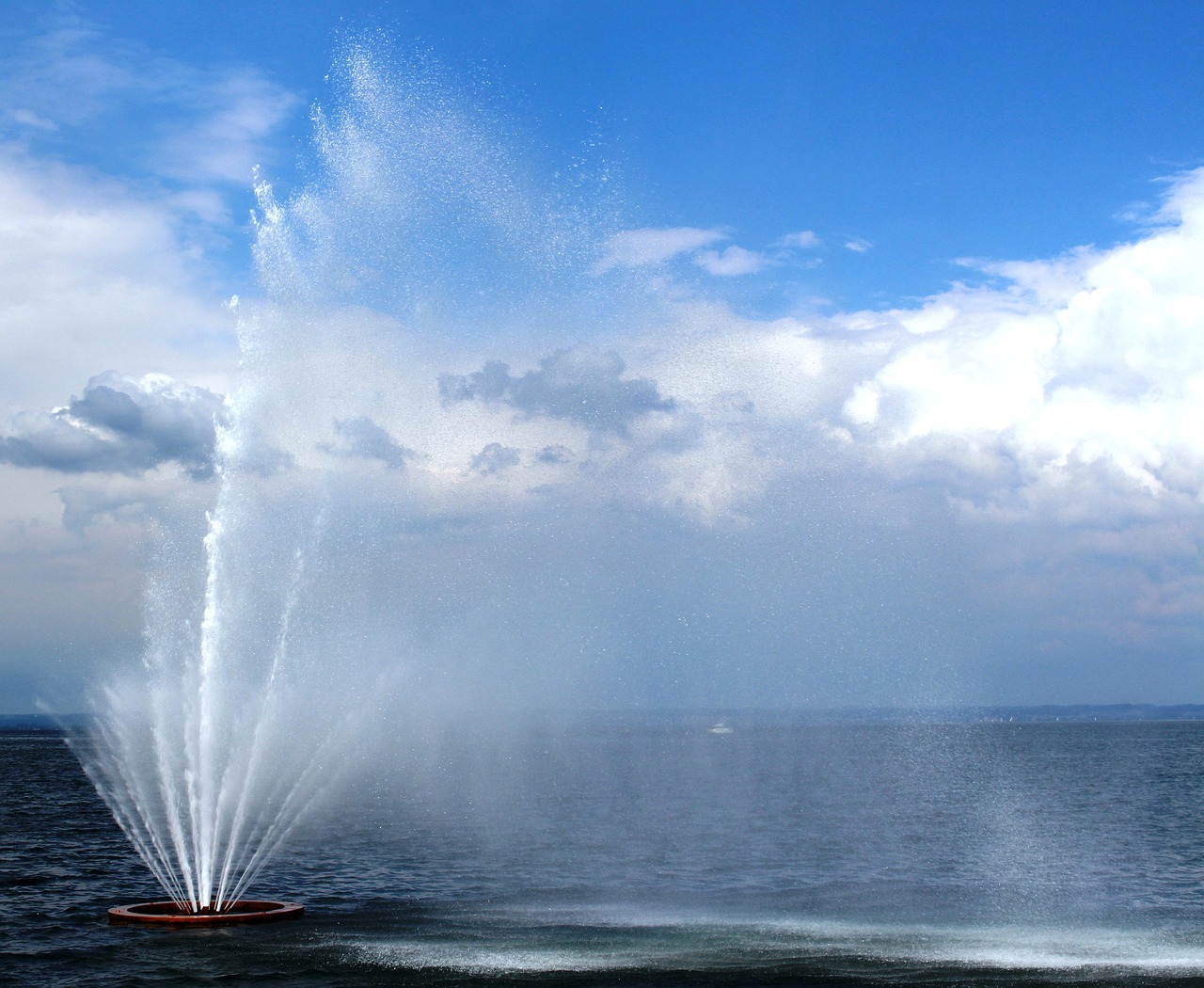 water fountain, water feature, mood, water, nature, clouds, heaven, wind, lake constance, rorschach