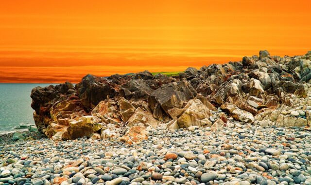 landscape, sunset, rocks, nature, water, coastline, ocean, sky, sunrise, composite