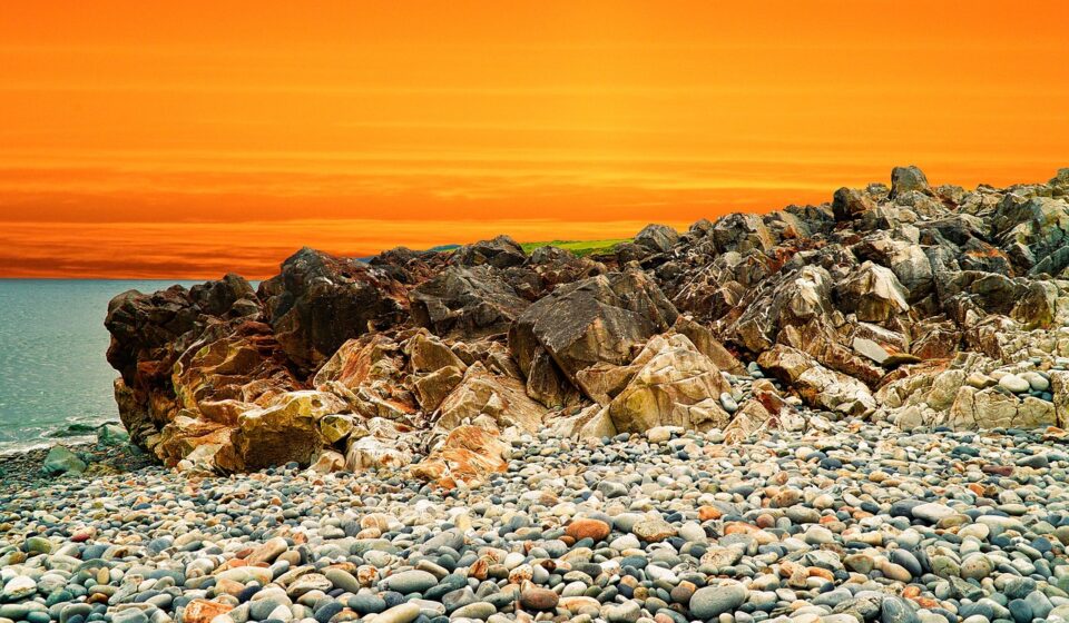 landscape, sunset, rocks, nature, water, coastline, ocean, sky, sunrise, composite
