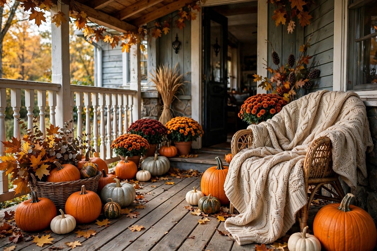 autumn, pumpkin, porch, decoration, chrysanthemums, autumn leaves, bouquet, wicker basket, rustic, cozy blanket, outdoor space, romantic ambiance, festive, cabin, warm colors, cozy, soft texture, natural decor, fall decor, pleasant, home comfort