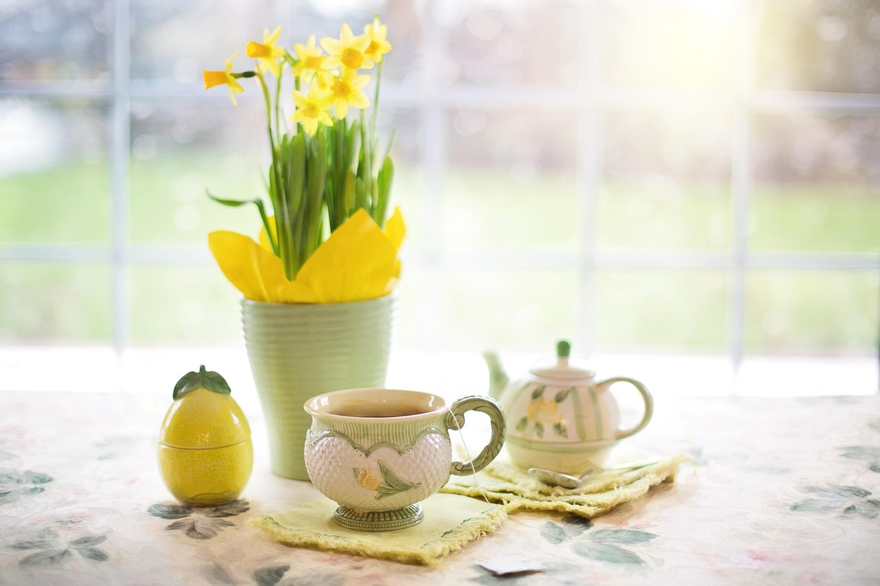 daffodils, tea, tea time, cup of tea, spring, yellow flowers, plant, nature, easter, table, home, tea, spring, easter, easter, easter, easter, easter, table, home
